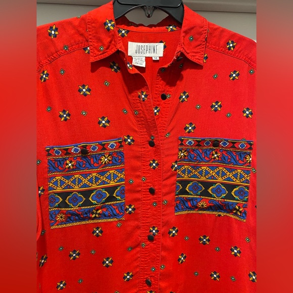 VTG Josephine Red Patterned Button-Up Long-Sleeve Shirt With Pockets - Size Med - Picture 3 of 10
